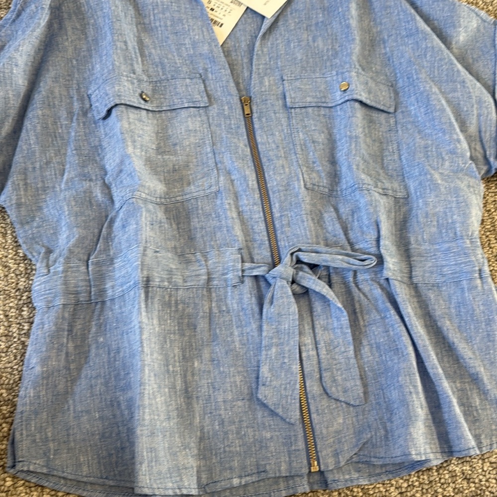 New Zara Blue Linen Top Jacket Wide Leg Pants Set S - Picture 4 of 10